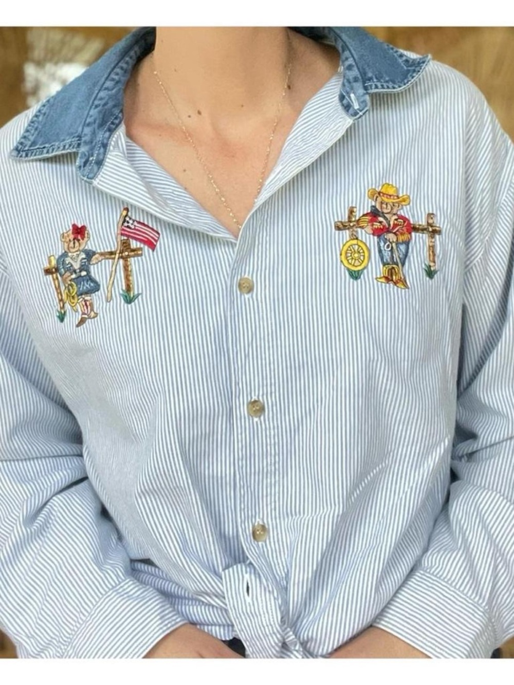 90s Basic Editions Cotton Striped Button Down Shirt Embroidered Teddy Bears M